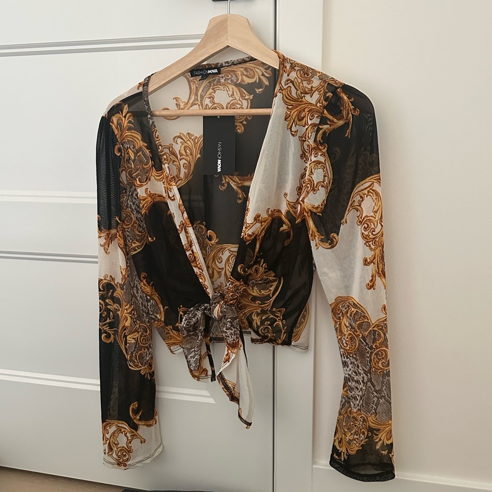 Fashion Nova Black and Gold Baroque Wrap Top
